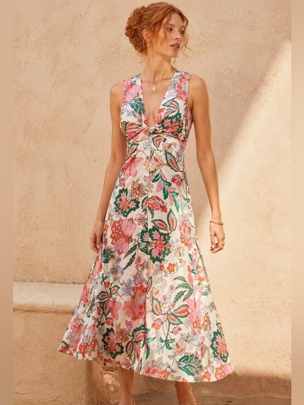 MISA Los Angeles Floral Twist Front Midi Dress NWT Sleeveless Size Large